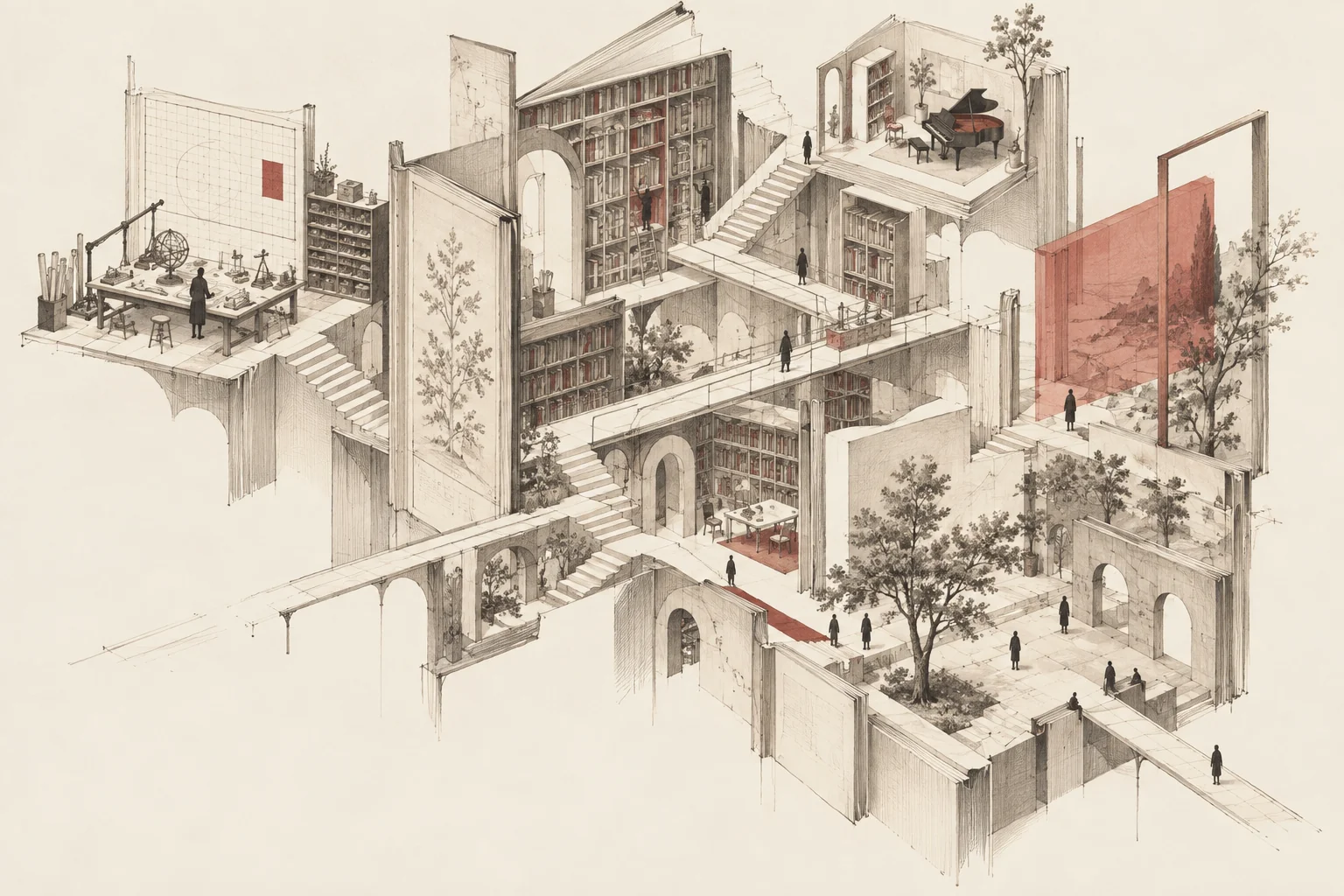 An unfinished architectural study: bookshelves, a workbench, a piano, a red window and a shared courtyard, connected by unlikely stairs and passages.